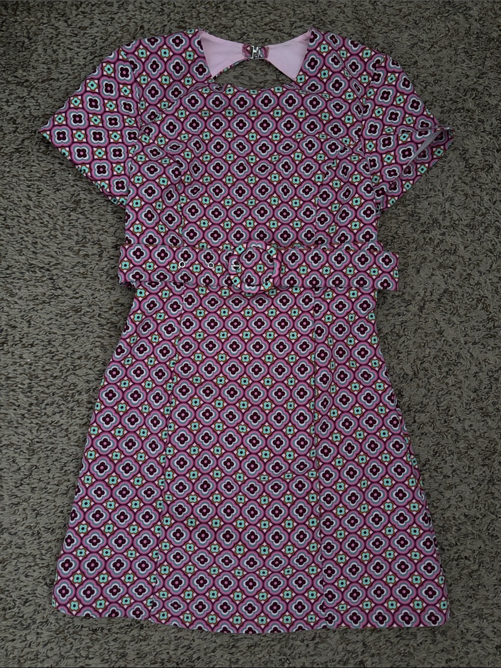 Zara Pink Geometric Belted Short Sleeve Dress